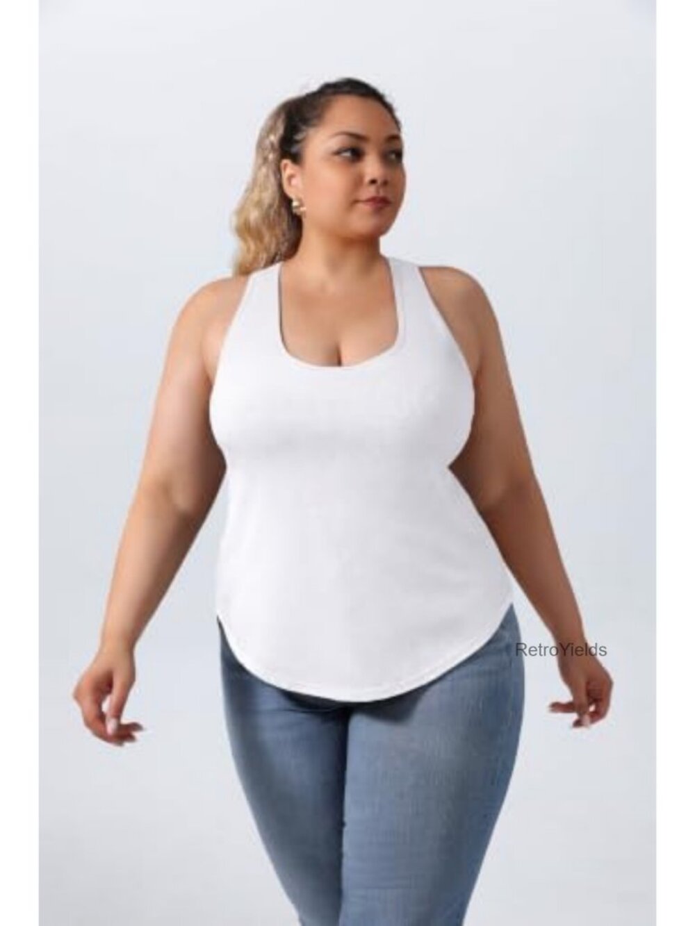Plus Size Racerback Tank Tops Built In Bra Wireless Ribbed Knit Curve Hem - Picture 2 of 5